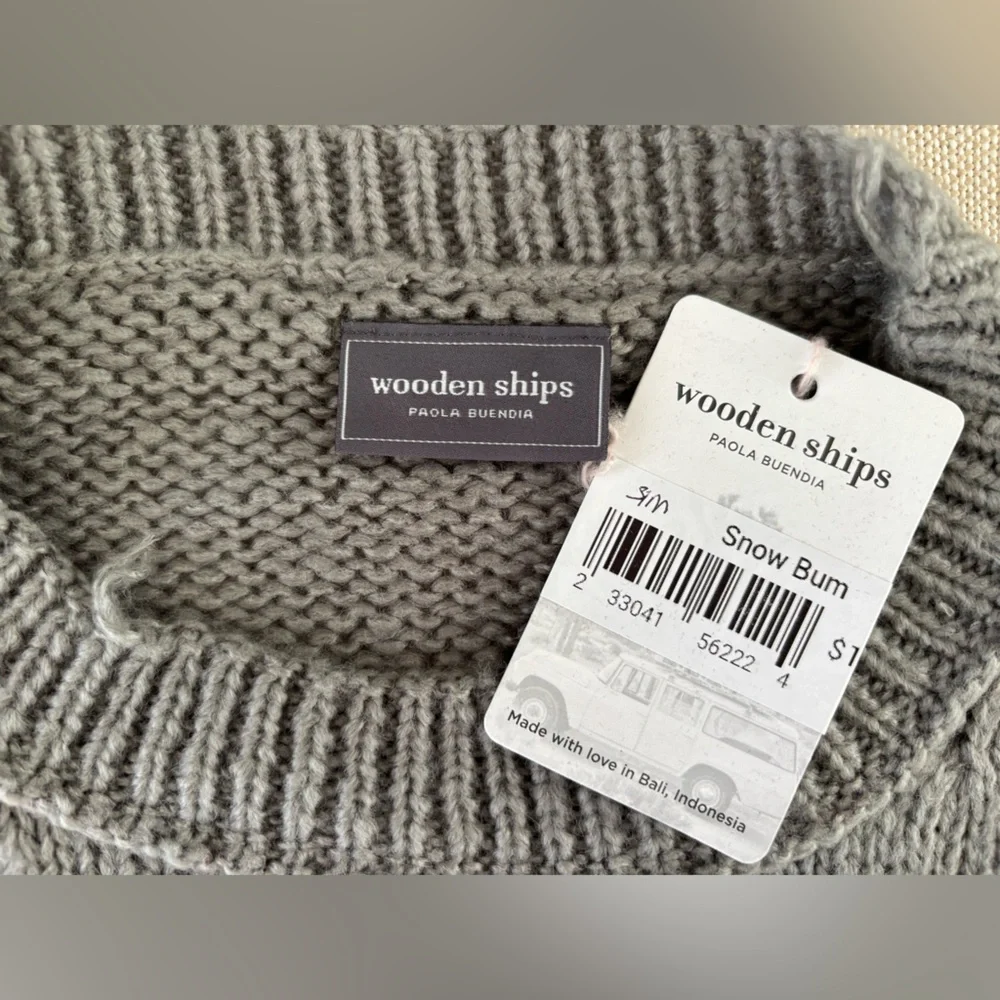 Wooden Ships Snow Bum Graphic Sweater NWT Gray Distressed Slouchy Winter S/M